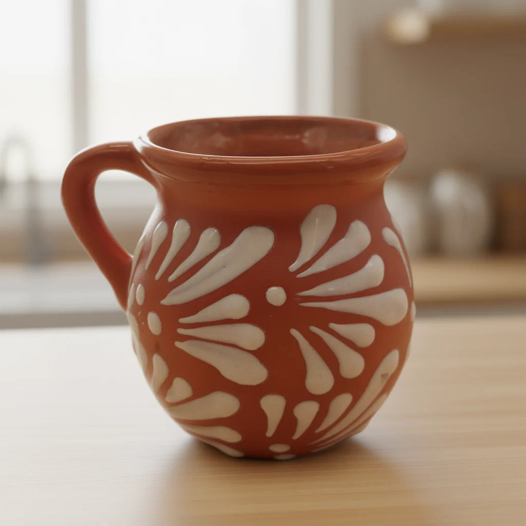 Handmade Mexican Clay Jarrito Talavera Mug with brown pottery finish, featuring traditional decorative patterns.