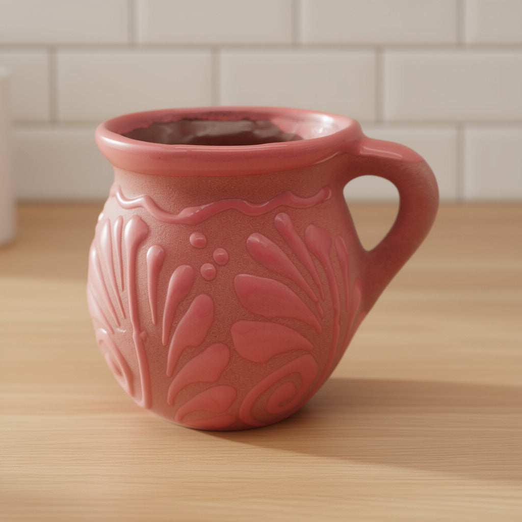 Pink Talavera mug with traditional Mexican floral patterns, handcrafted from clay by The Talavera Hub.