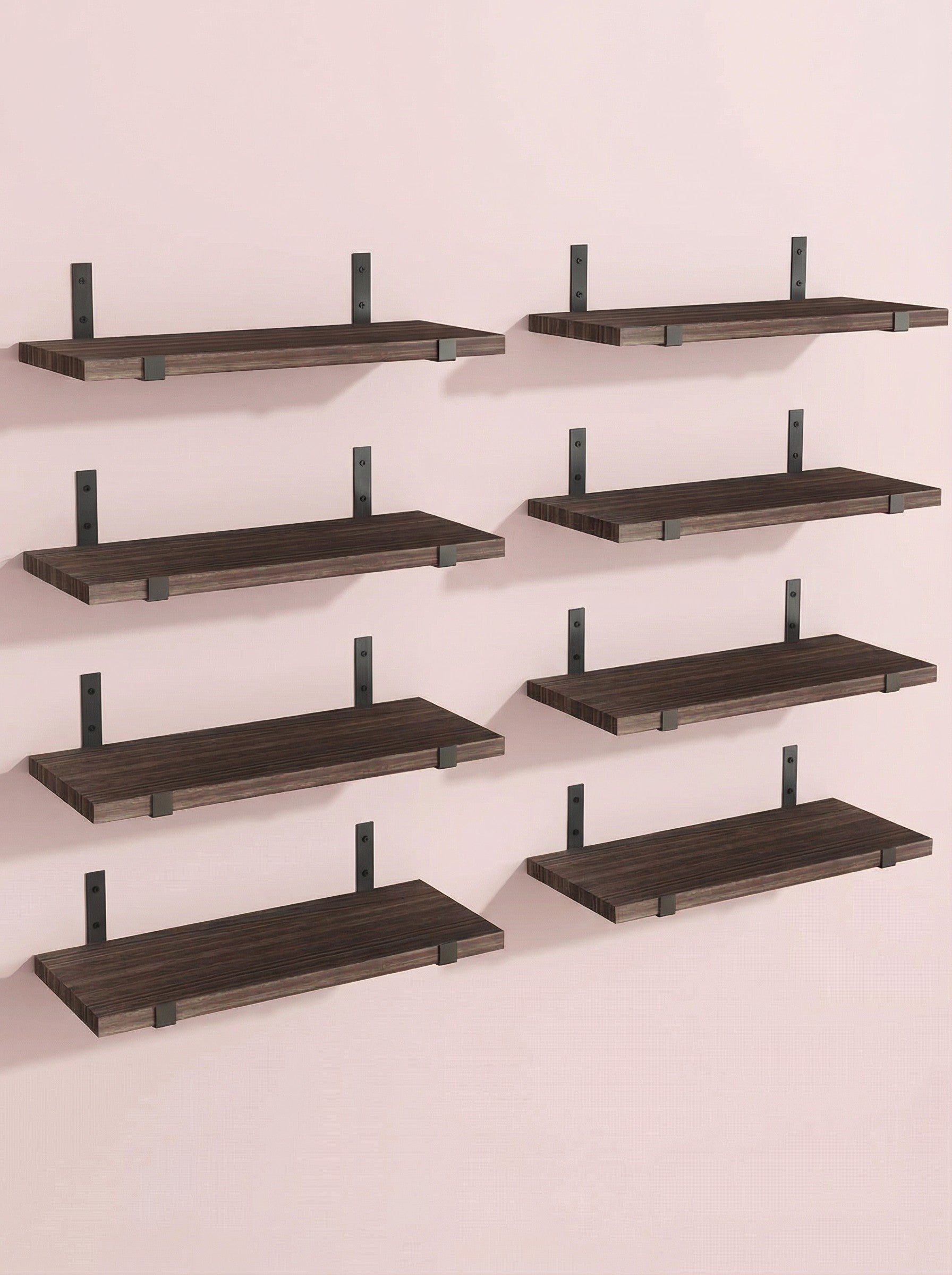 Rustic wood wall shelves with metal brackets, 15.8-inch floating shelves for home decor, 2Dropme brand, set of five.