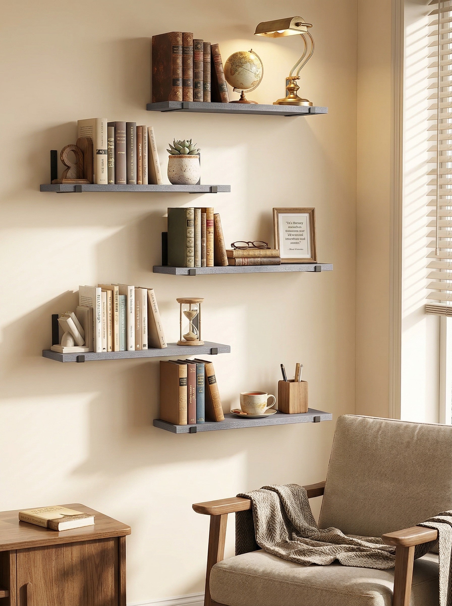 Rustic wood wall shelves with metal brackets, 15.8 inches, installed on a wall for storage and decor, from 2Dropme.