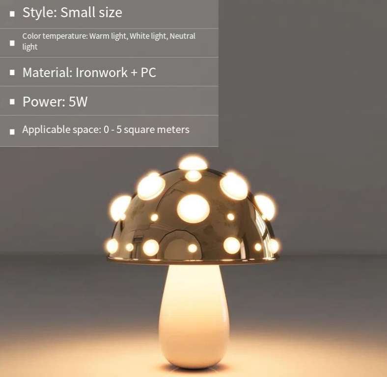 V.I.P Digital Presence mushroom-shaped decorative desk lamp with dimming feature, ideal for bedrooms, headboards, and student dorms.