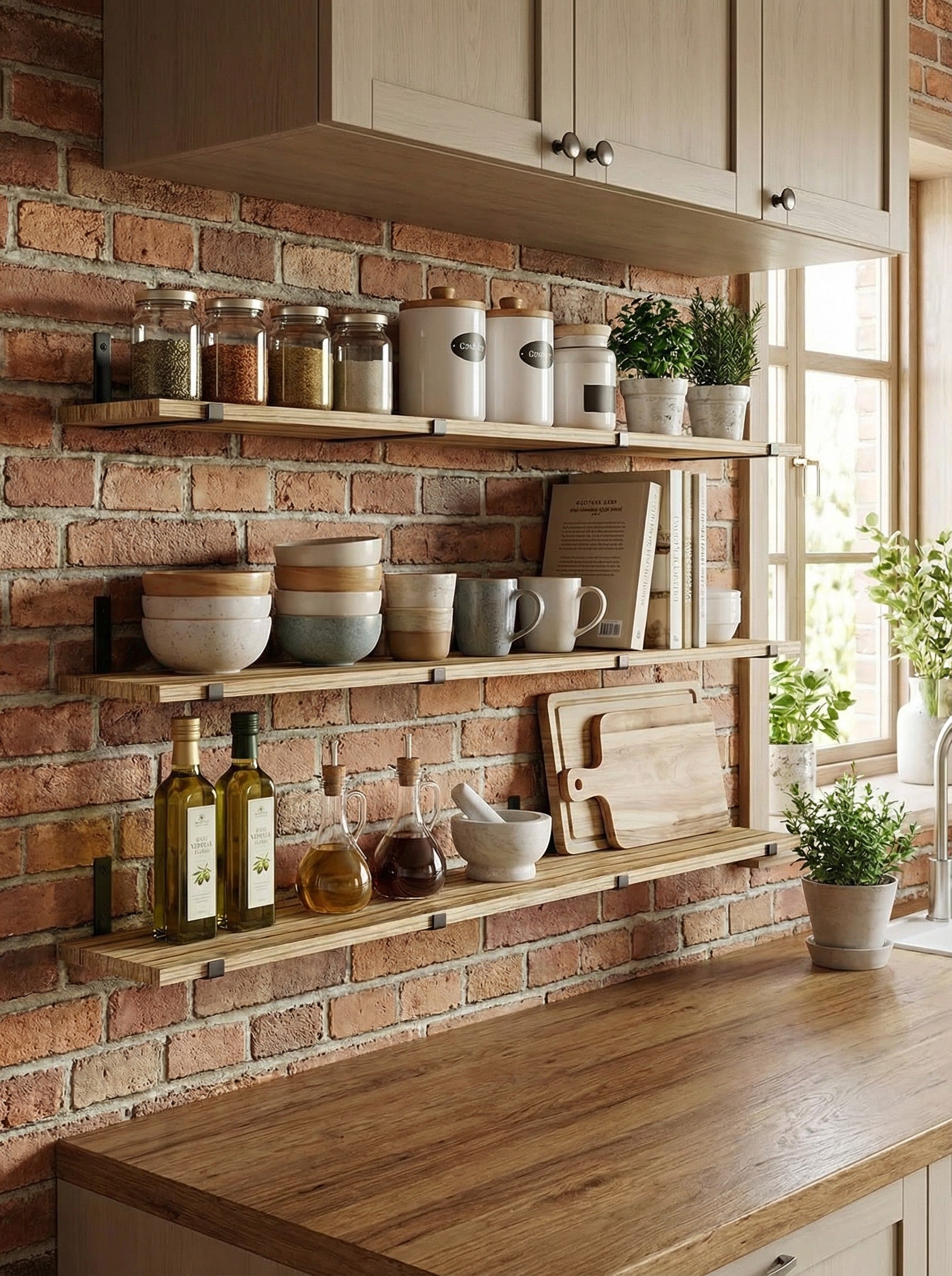 Rustic wood wall shelves with metal brackets, 15.8 inches long, mounted on a wall, showcasing a farmhouse decor style.