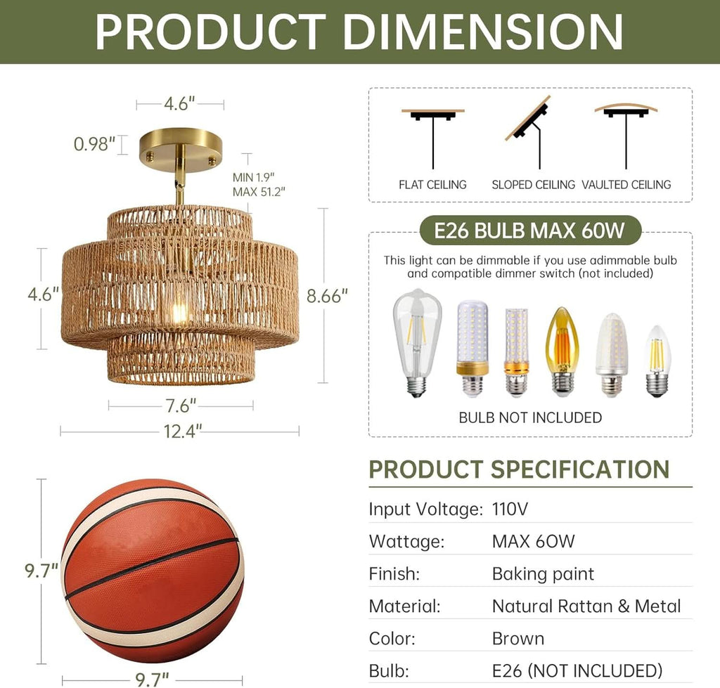 Handwoven boho rattan chandelier pendant light with natural finish, stylish and lightweight for modern home decor.
