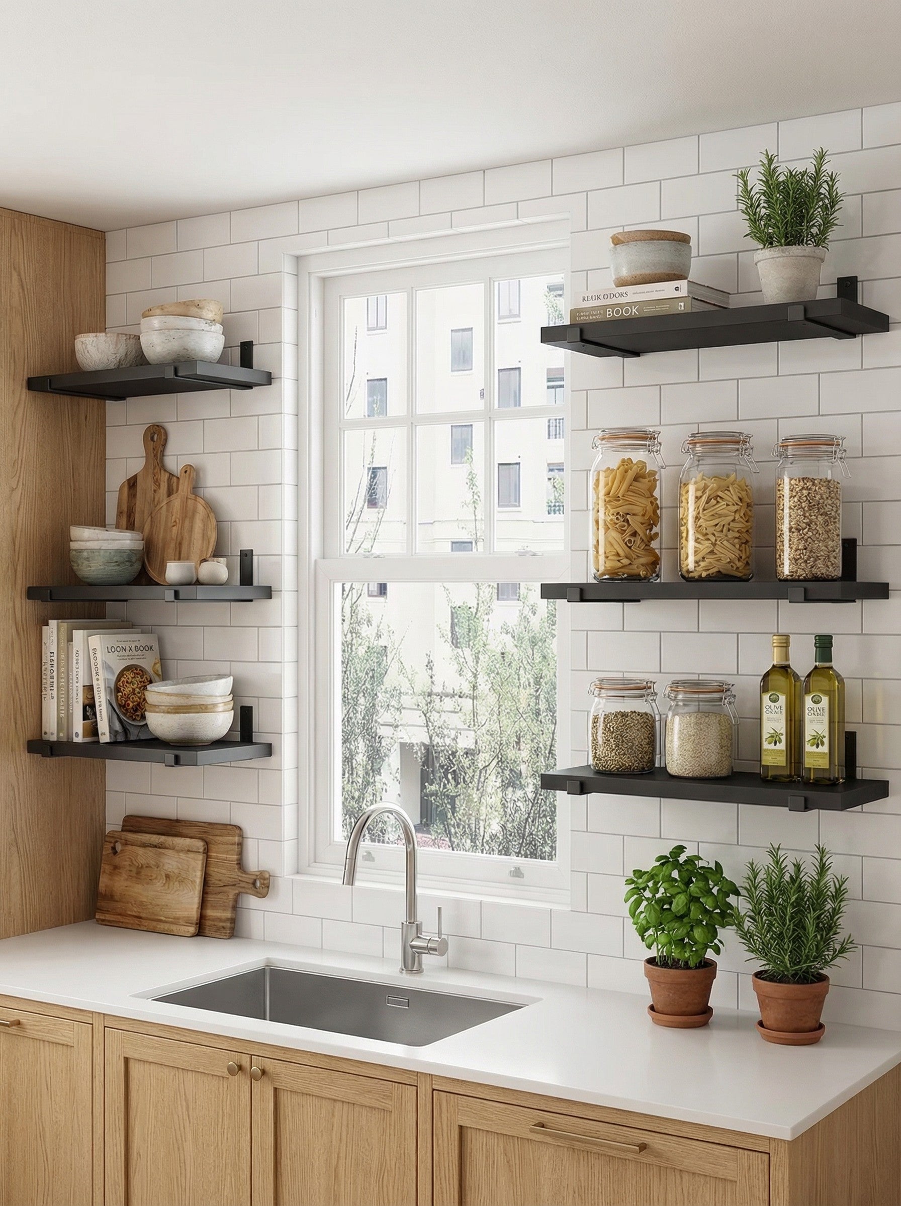 Rustic wood wall shelves with black metal brackets, 15.8-inch floating shelves from 2Dropme installed on a wall.