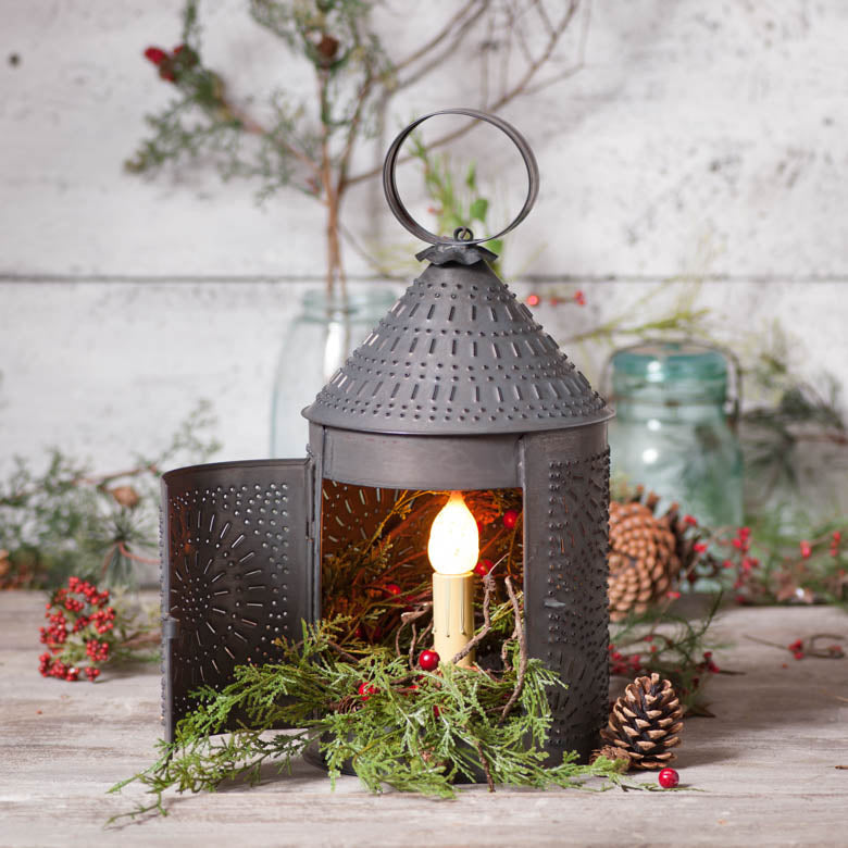Rustic 15-inch Fireside Lantern in Kettle Black by Countryside Home Decor, featuring a candle holder design and vintage style.