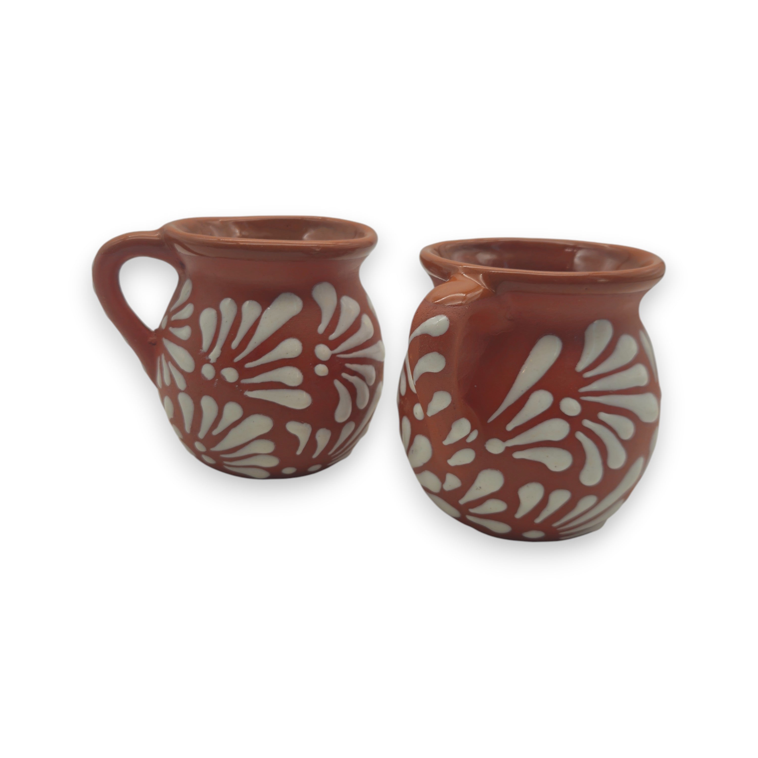 Handmade Mexican Clay Jarrito Talavera Mug with brown pottery finish, featuring colorful traditional designs.