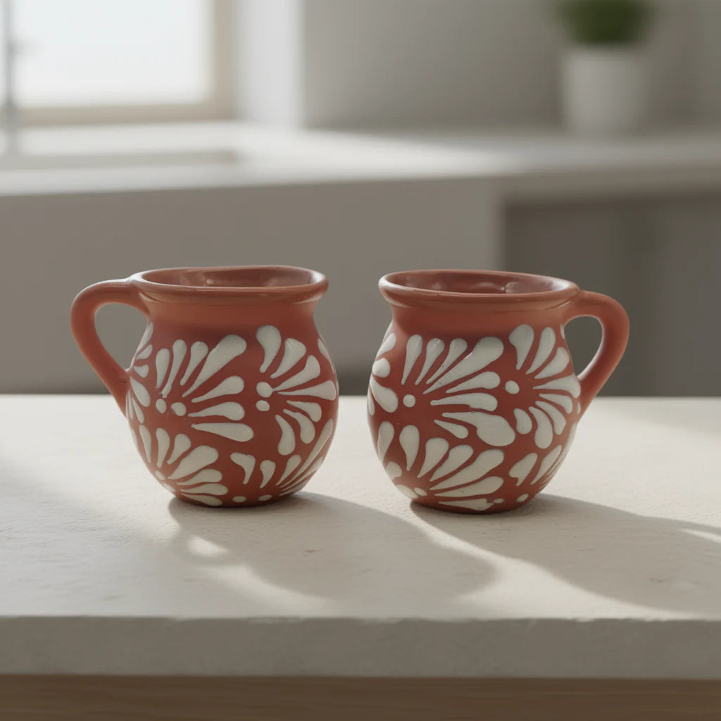 Handmade Mexican Clay Jarrito Talavera Mug with brown pottery finish, showcasing traditional handcrafted design and vibrant ceramic details.