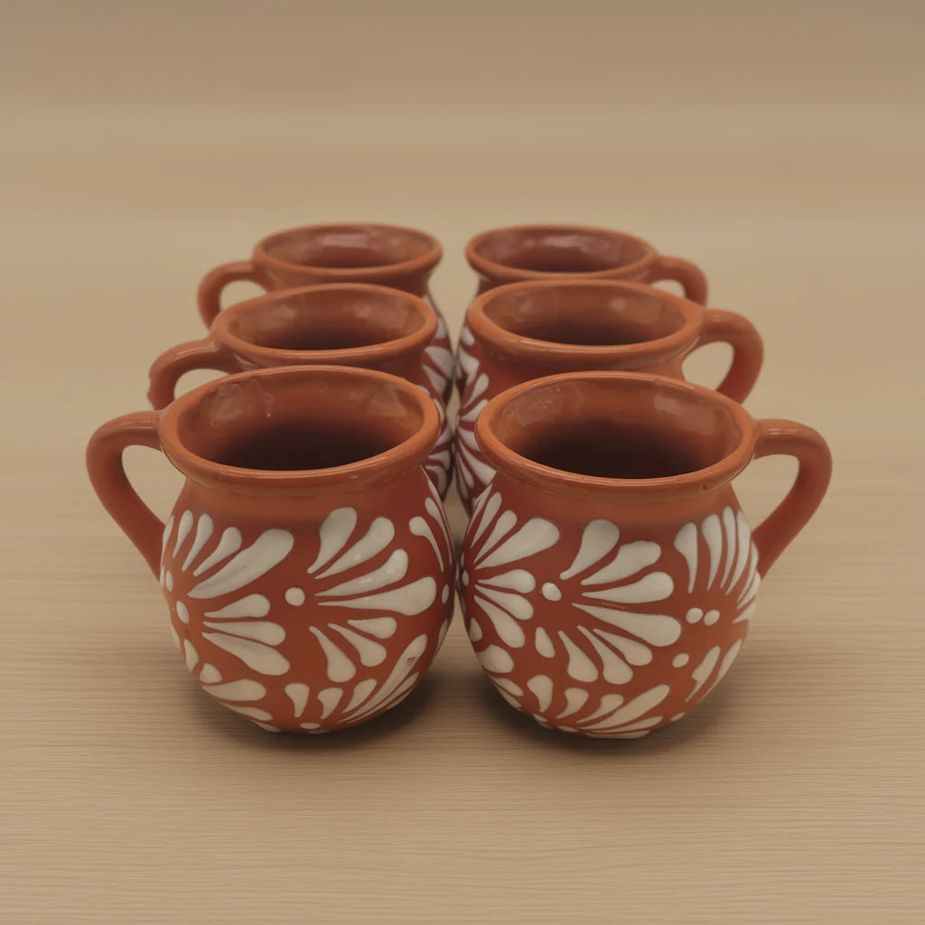 Handmade Mexican Clay Jarrito Talavera Mug with brown pottery finish, traditional handcrafted ceramic cup for beverages