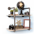 Two-tier wall-mounted shelf with black pipe decor brackets, showcasing sturdy and stylish industrial design.