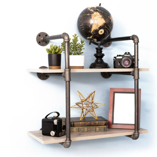 Two-tier wall-mounted shelf with black pipe decor brackets, showcasing sturdy and stylish industrial design.
