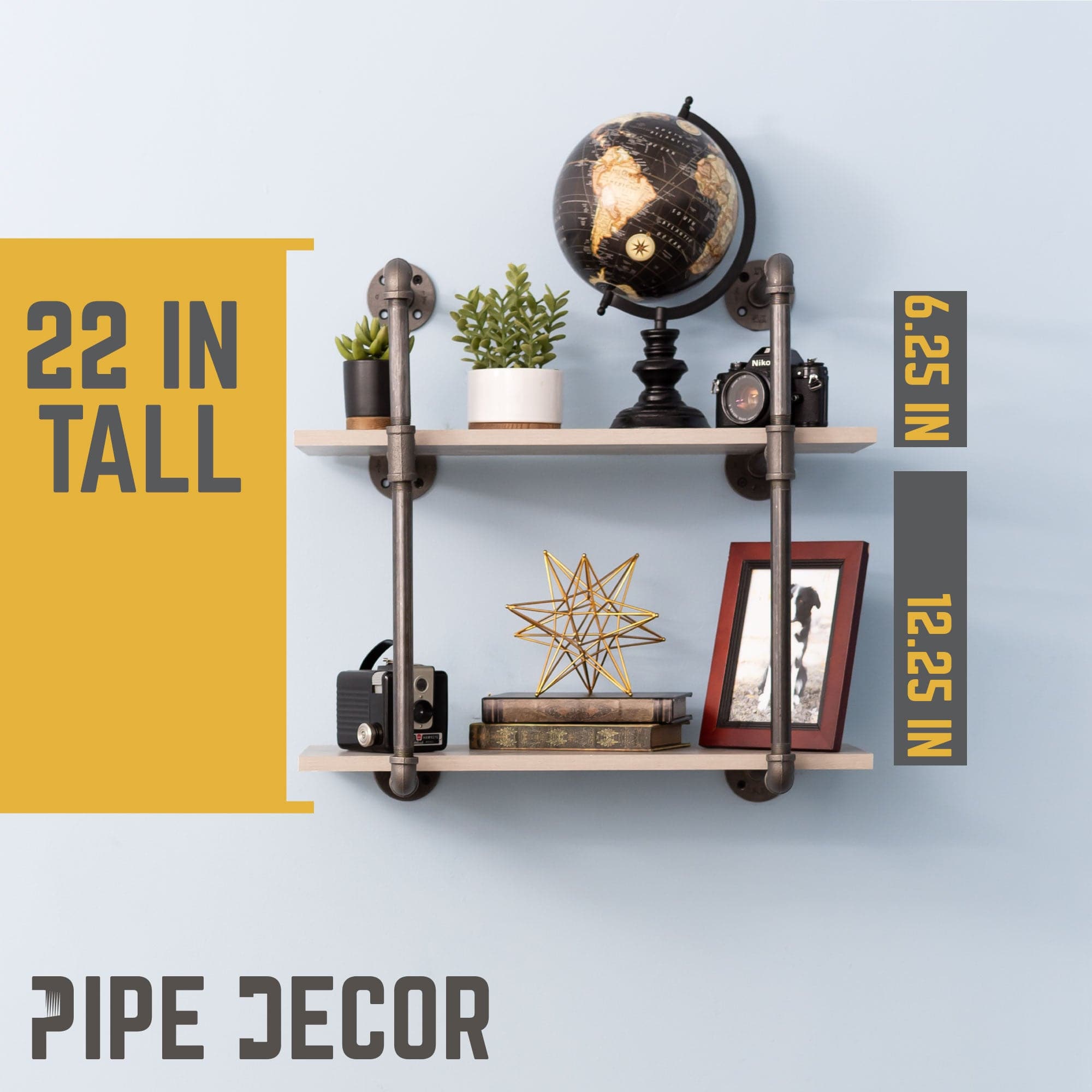 Two-tier wall-mounted shelf with black pipe decor brackets, modern industrial style for home or office storage.