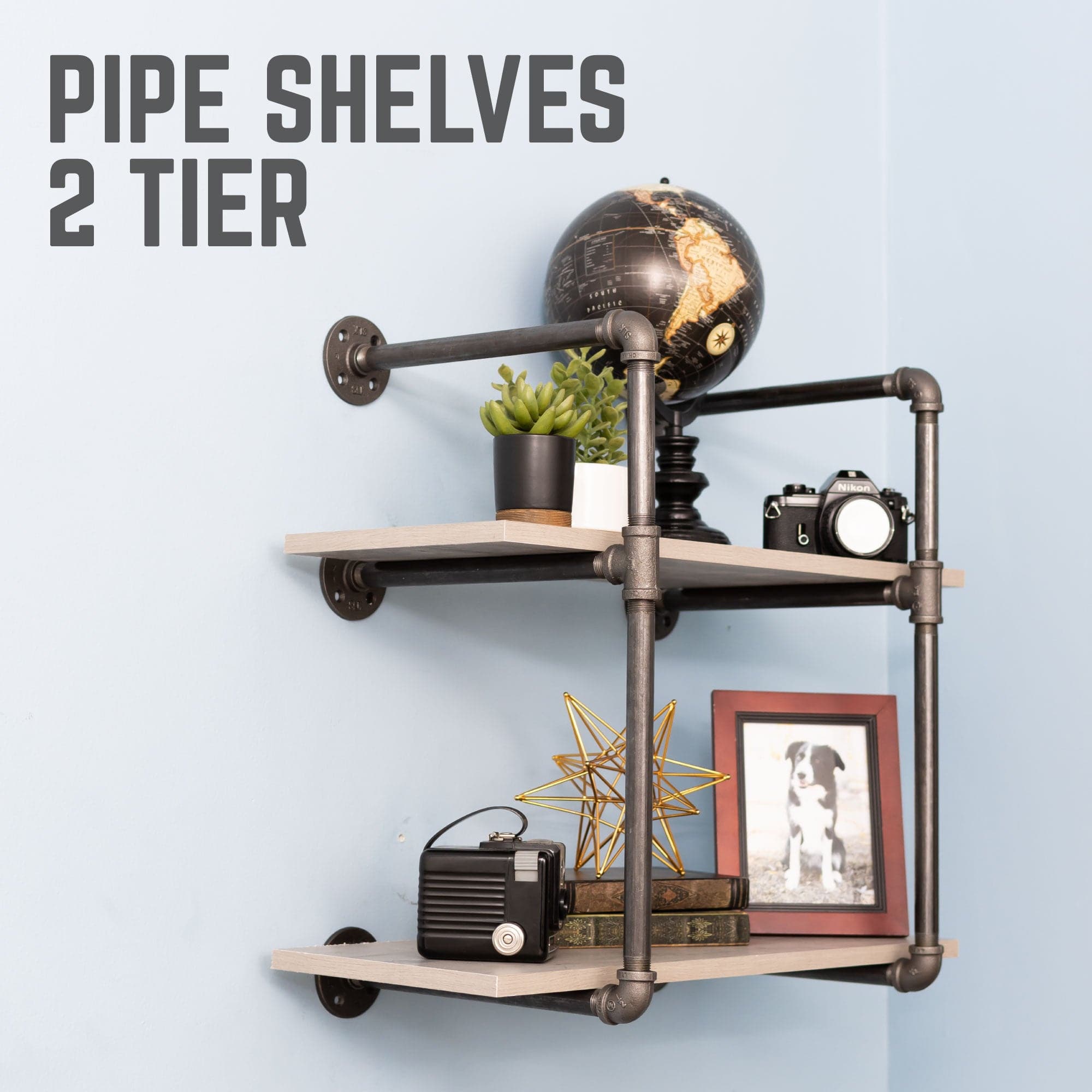 Two-tier wall-mounted shelf brackets by Pipe Decor, showcasing sturdy metal design and installation hardware.