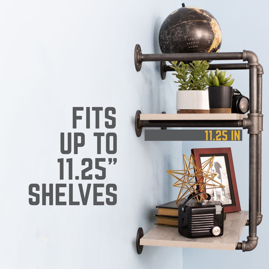 Two-tier wall-mounted shelf brackets by PIPE DECOR, showcasing sturdy metal construction with a sleek, industrial design.