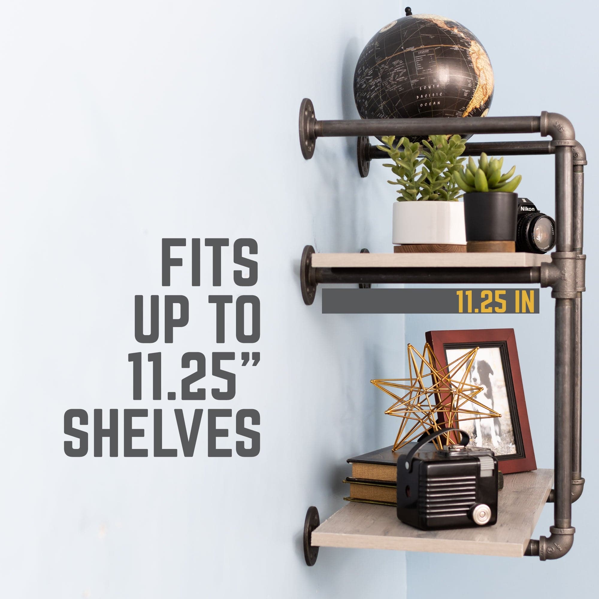 Two-tier wall-mounted shelf brackets by PIPE DECOR, showcasing sturdy metal construction with a sleek, industrial design.