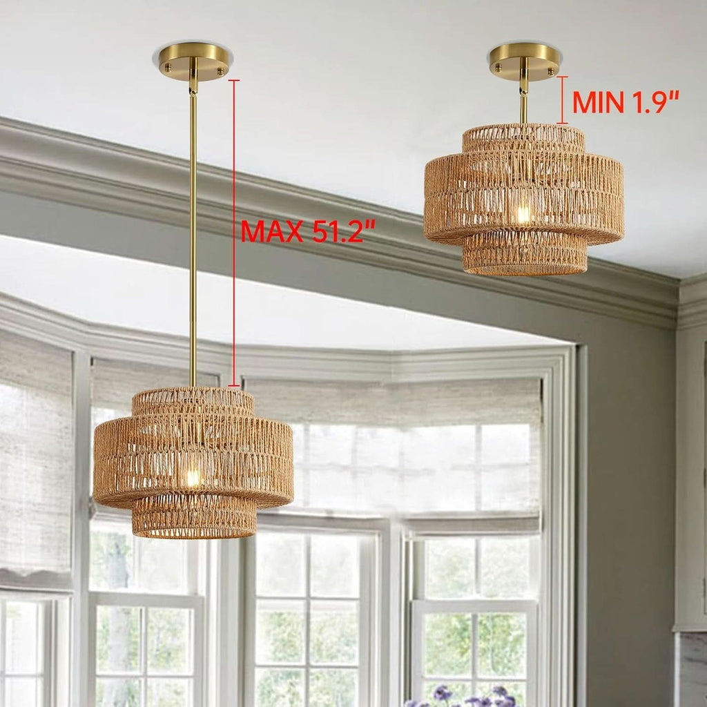 Handwoven boho rattan chandelier with natural finish, pendant light fixture for stylish interior decor.