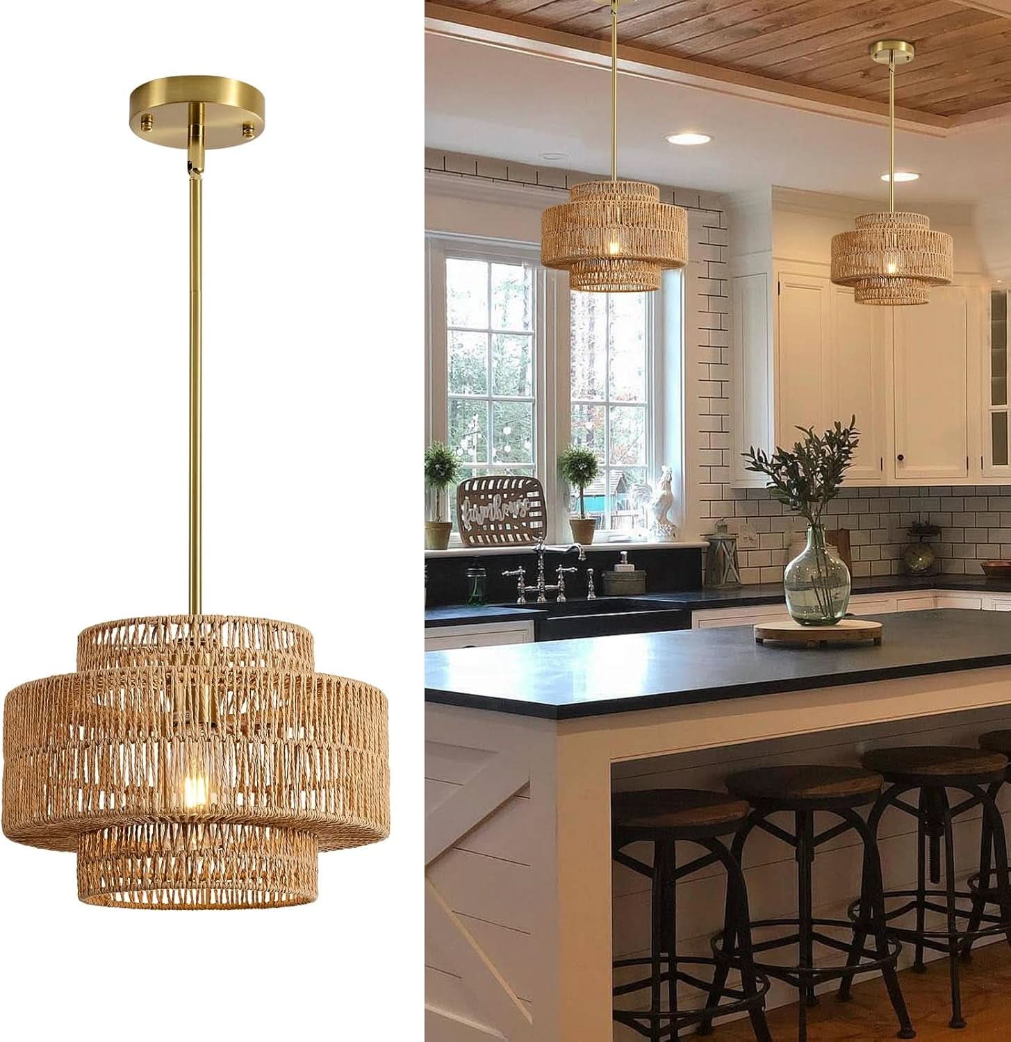 Handwoven boho rattan chandelier pendant light with natural finish, showcasing intricate woven design and rustic style.