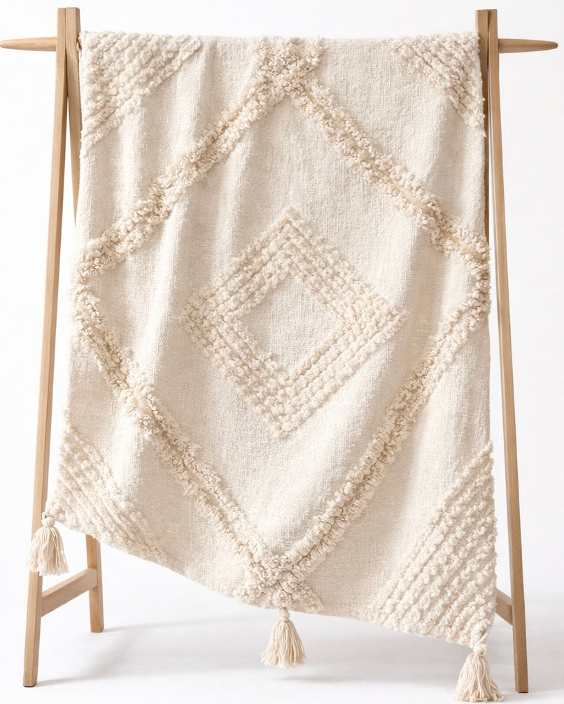 Boho Busa Designs Ava Throw Blanket with colorful woven pattern and fringed edges, ideal for cozy home decor.