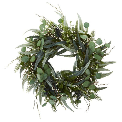 Artificial eucalyptus and mixed greens wreath, 24-inch size, from Home & Decor, perfect for seasonal or home decor.