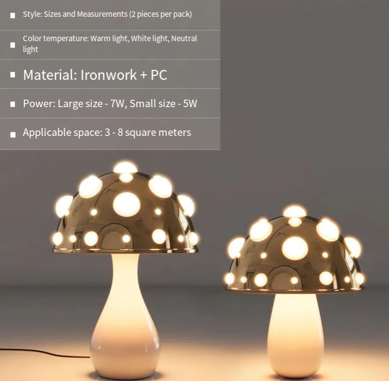 V.I.P Digital Presence mushroom-shaped decorative desk lamp with dimming feature, ideal for bedroom headboards and student dorm rooms.