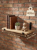 Rustic wood wall shelves with metal brackets, 15.8 inches long, mounted on a wall for storage and decor.