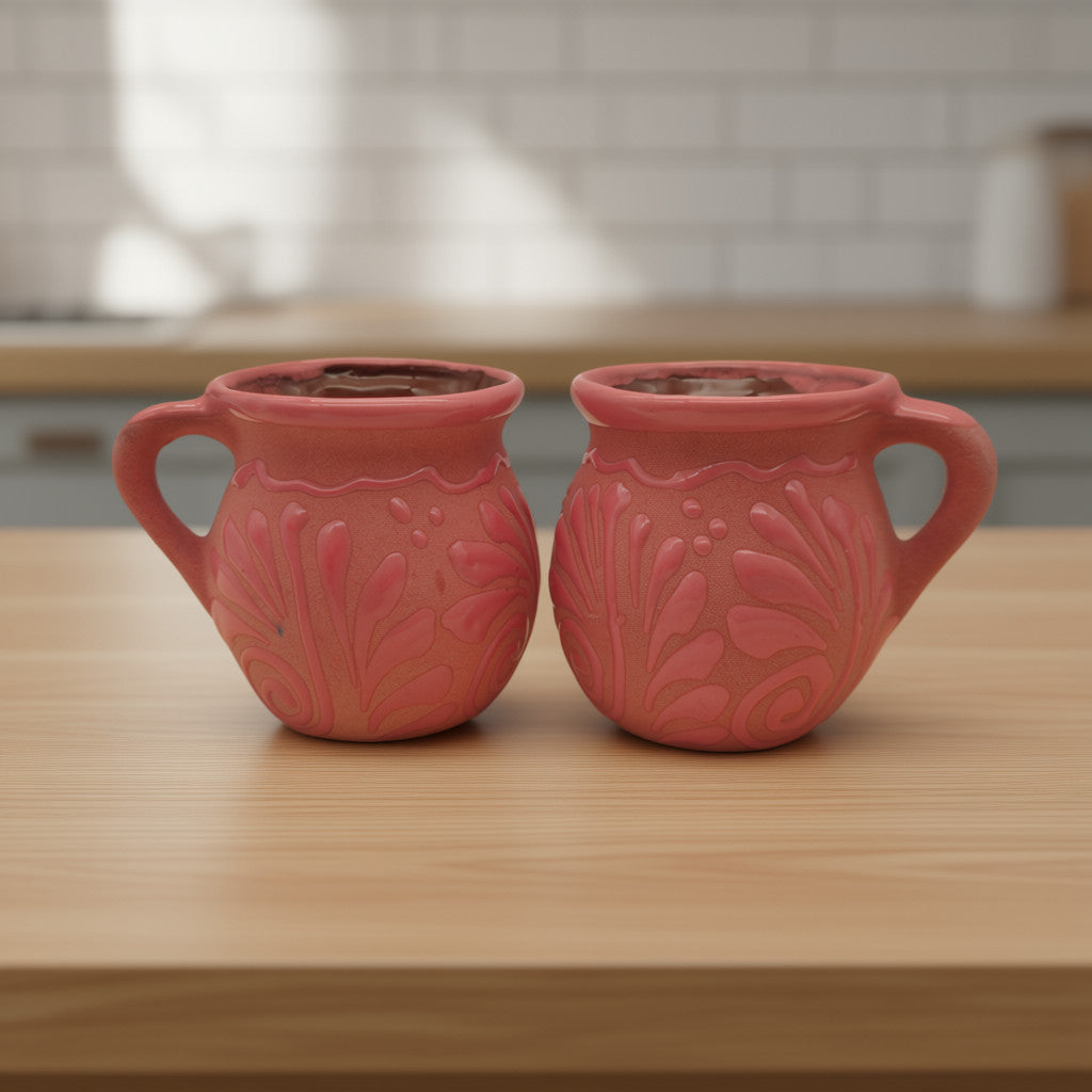 Handmade pink Talavera mug with colorful Mexican clay design, crafted by The Talavera Hub, showcasing traditional Mexican pottery.