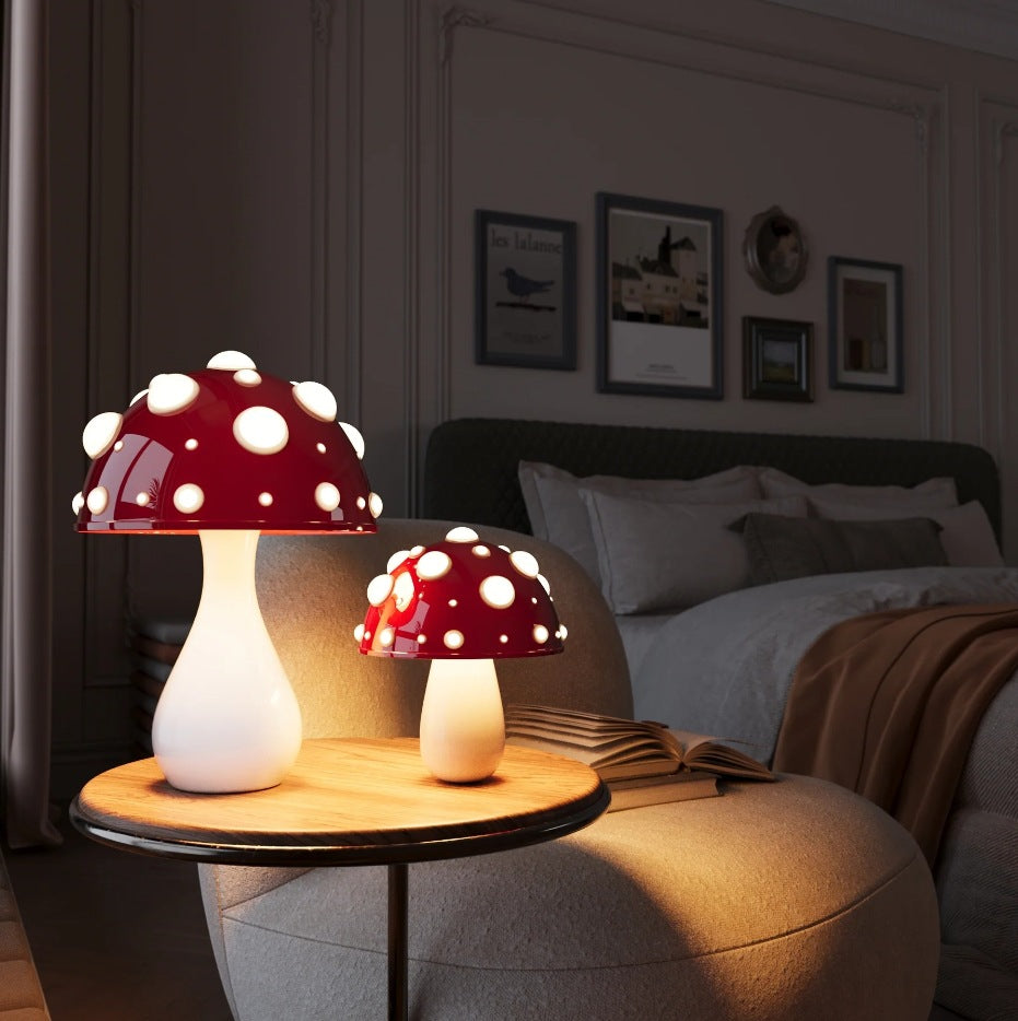 V.I.P Digital Presence mushroom-shaped decorative desk lamp with dimming feature, ideal for bedroom headboards and dorm rooms.