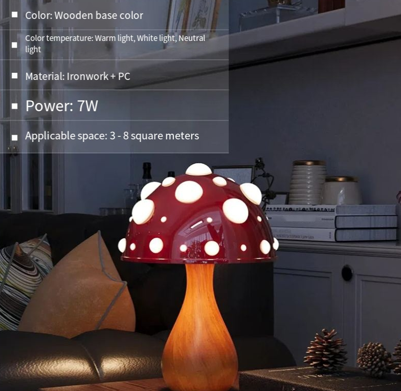 V.I.P Digital Presence mushroom-shaped decorative desk lamp with dimming feature on a bedroom headboard for ambient lighting.