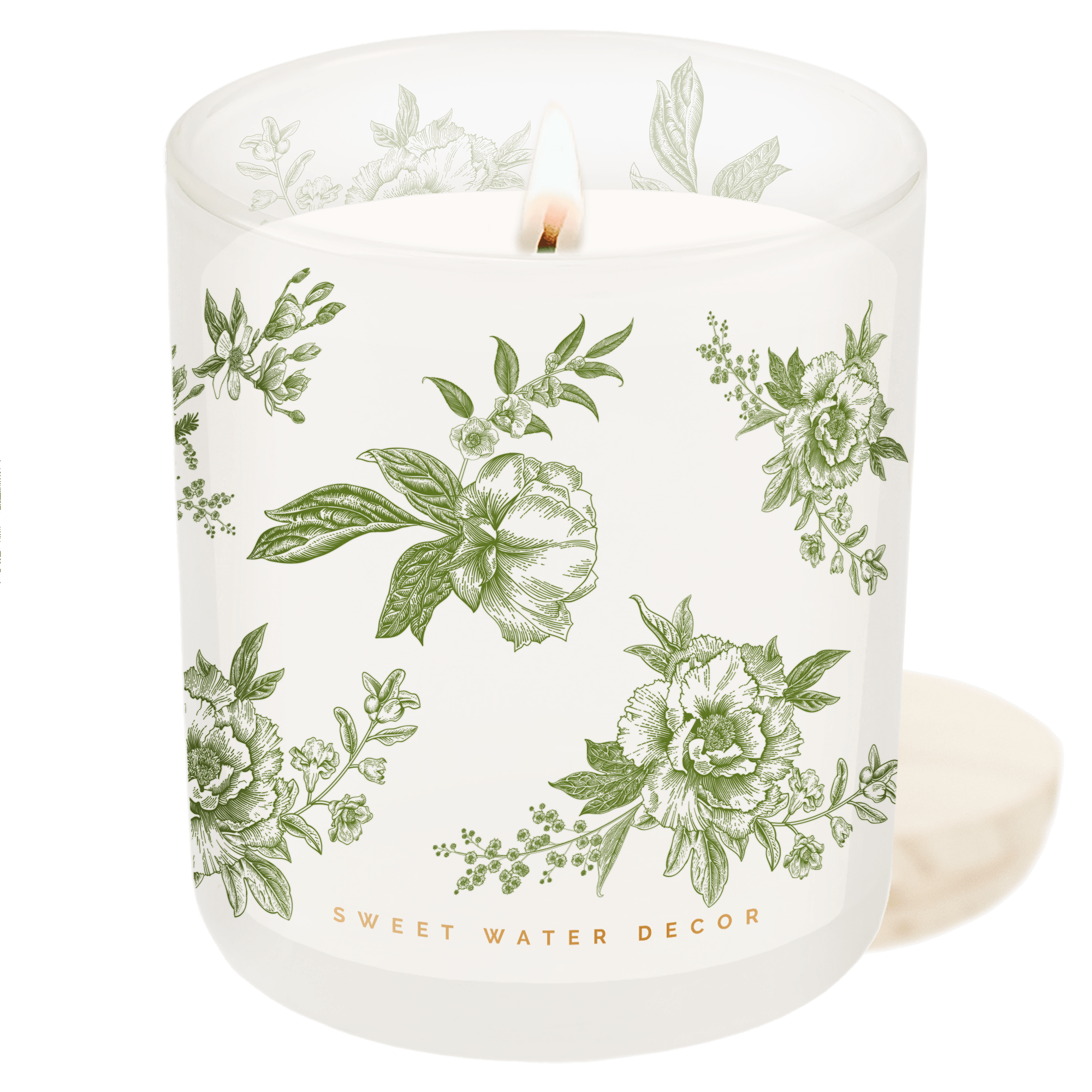 Green floral soy candle in a white tinted glass jar, 12 oz, with lavender and sage pattern, by Sweet Water Decor.