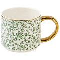 Green Ditsy floral coffee mug with gold handle, 14 oz ceramic mug from Sweet Water Decor featuring a stacking design.