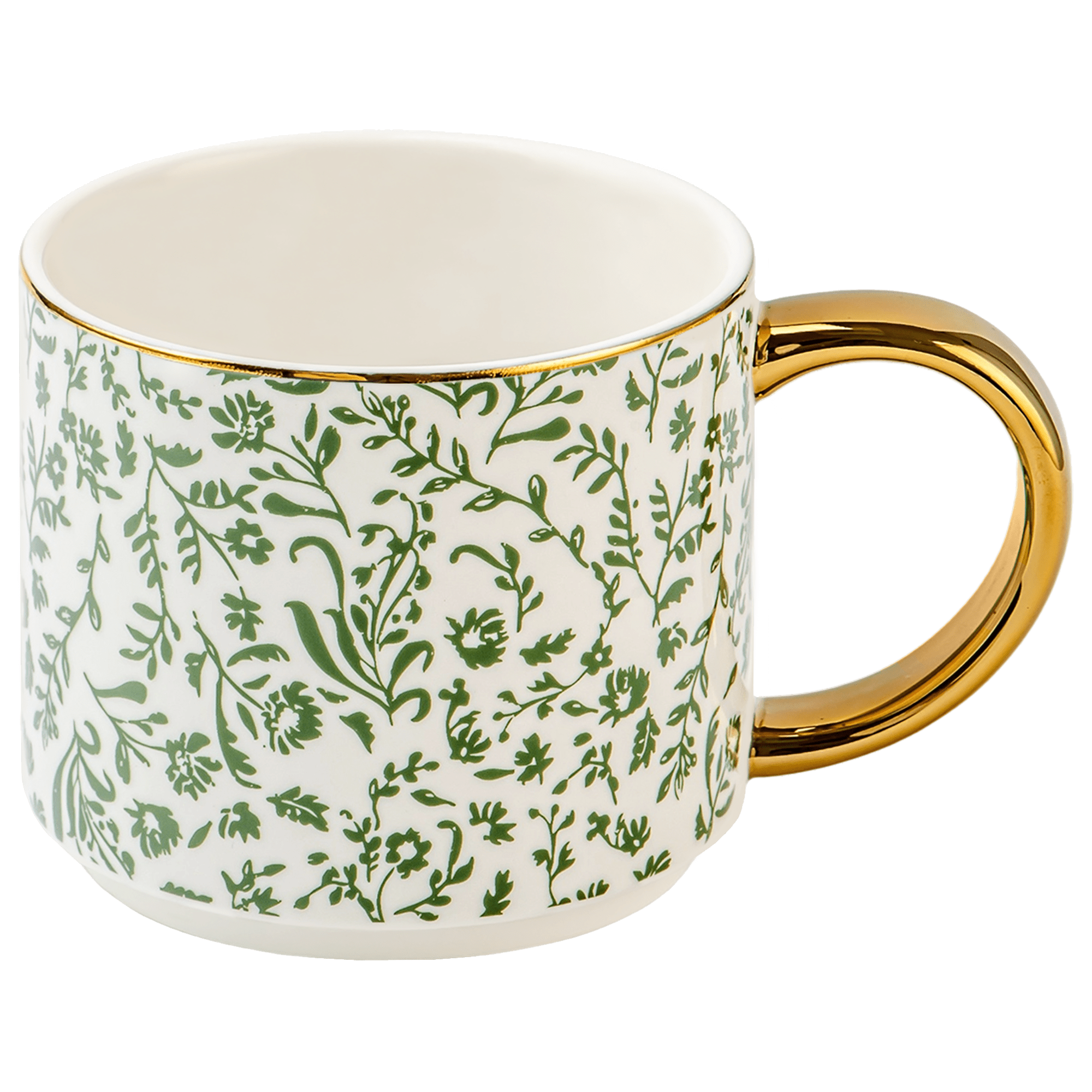 Green Ditsy floral coffee mug with gold handle, 14 oz ceramic mug from Sweet Water Decor featuring a stacking design.