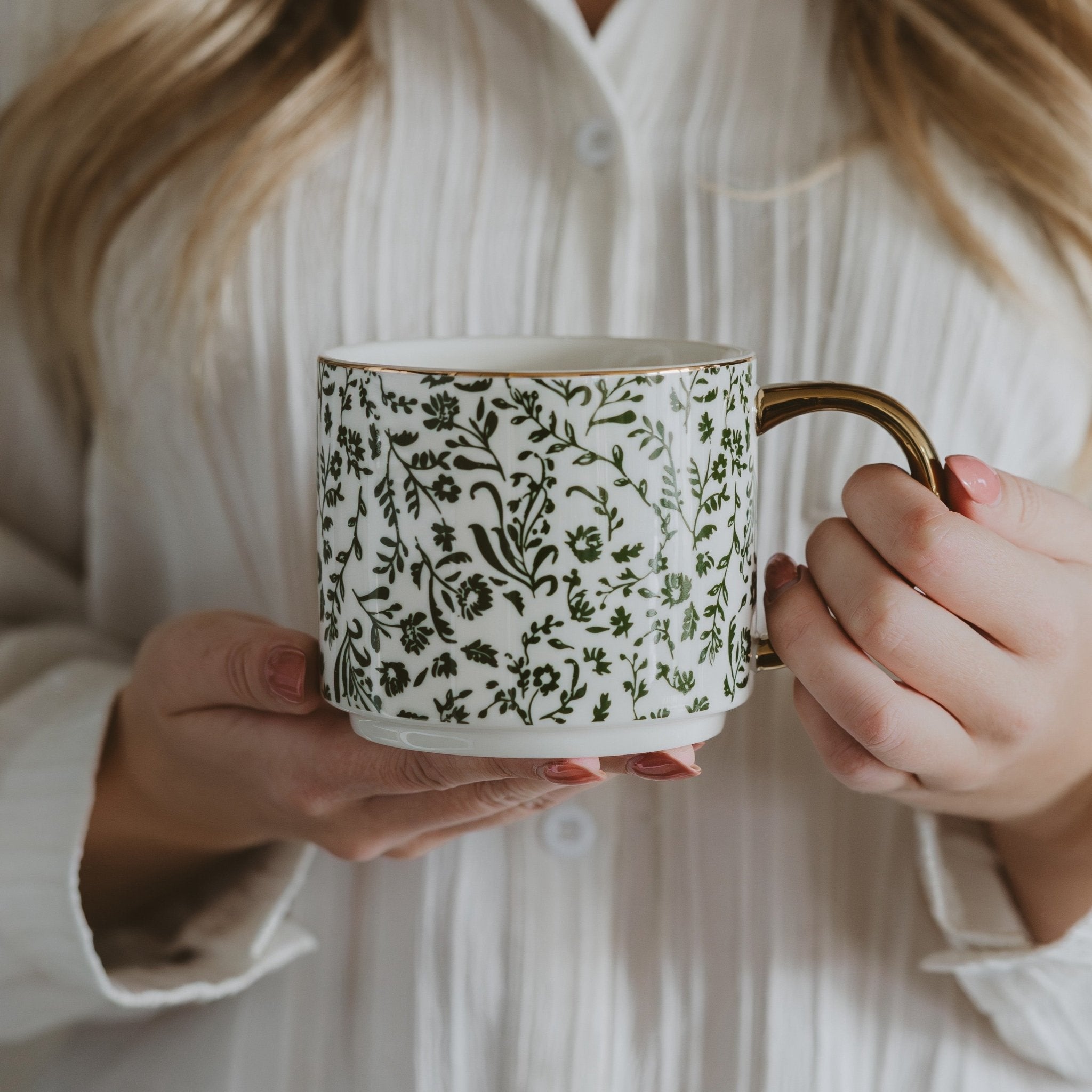 Green Ditsy Floral 14 oz coffee mug by Sweet Water Decor with a cheerful spring floral pattern.