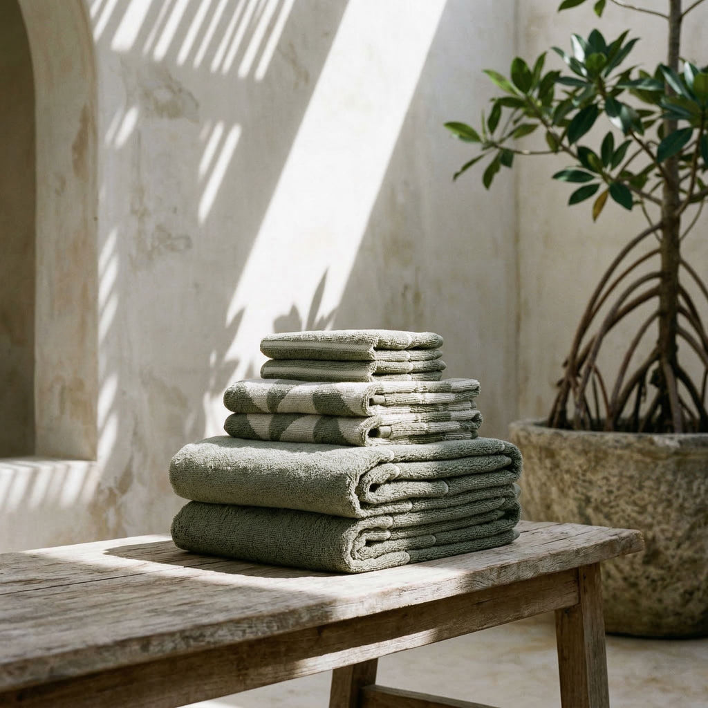 Italic Umbra Australian Cotton Bath Towels set displayed on a bathroom shelf, featuring soft, plush white towel with a textured pattern.