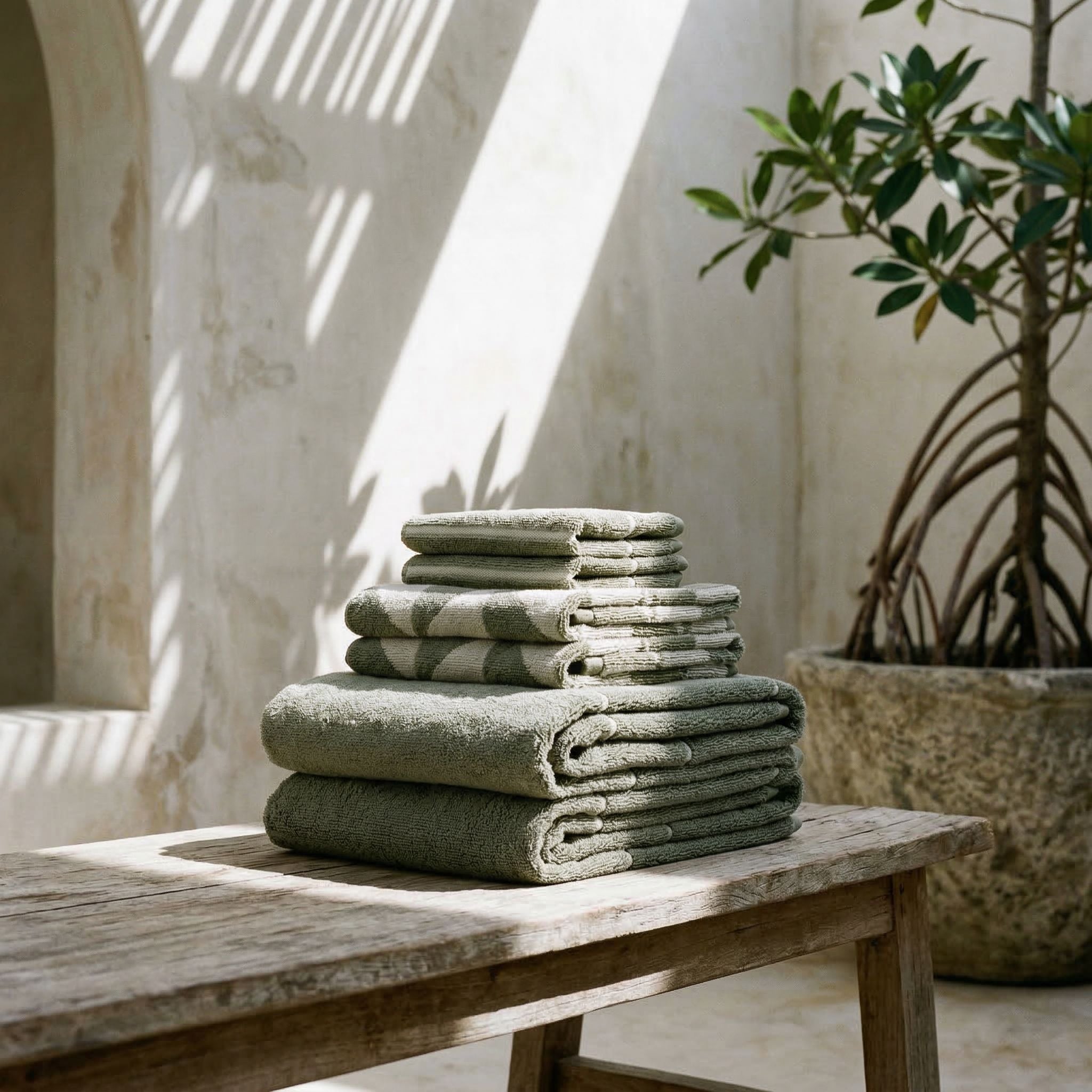 Italic Umbra Australian Cotton Bath Towels set displayed on a bathroom shelf, featuring soft, plush white towel with a textured pattern.