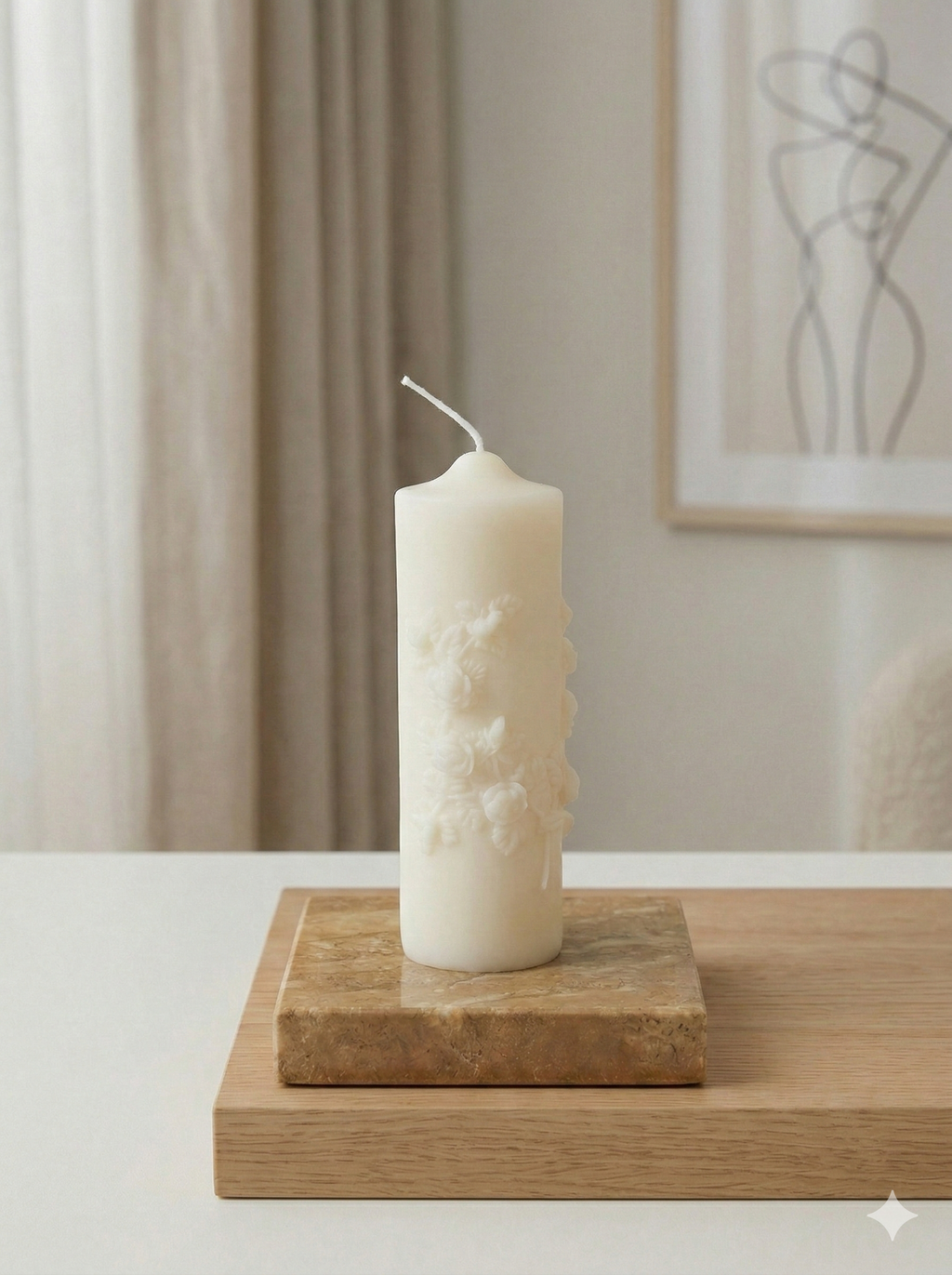 Ivory floral pillar candle by Crazy About Candles featuring sculptural soy wax with botanical design, handmade in the USA.