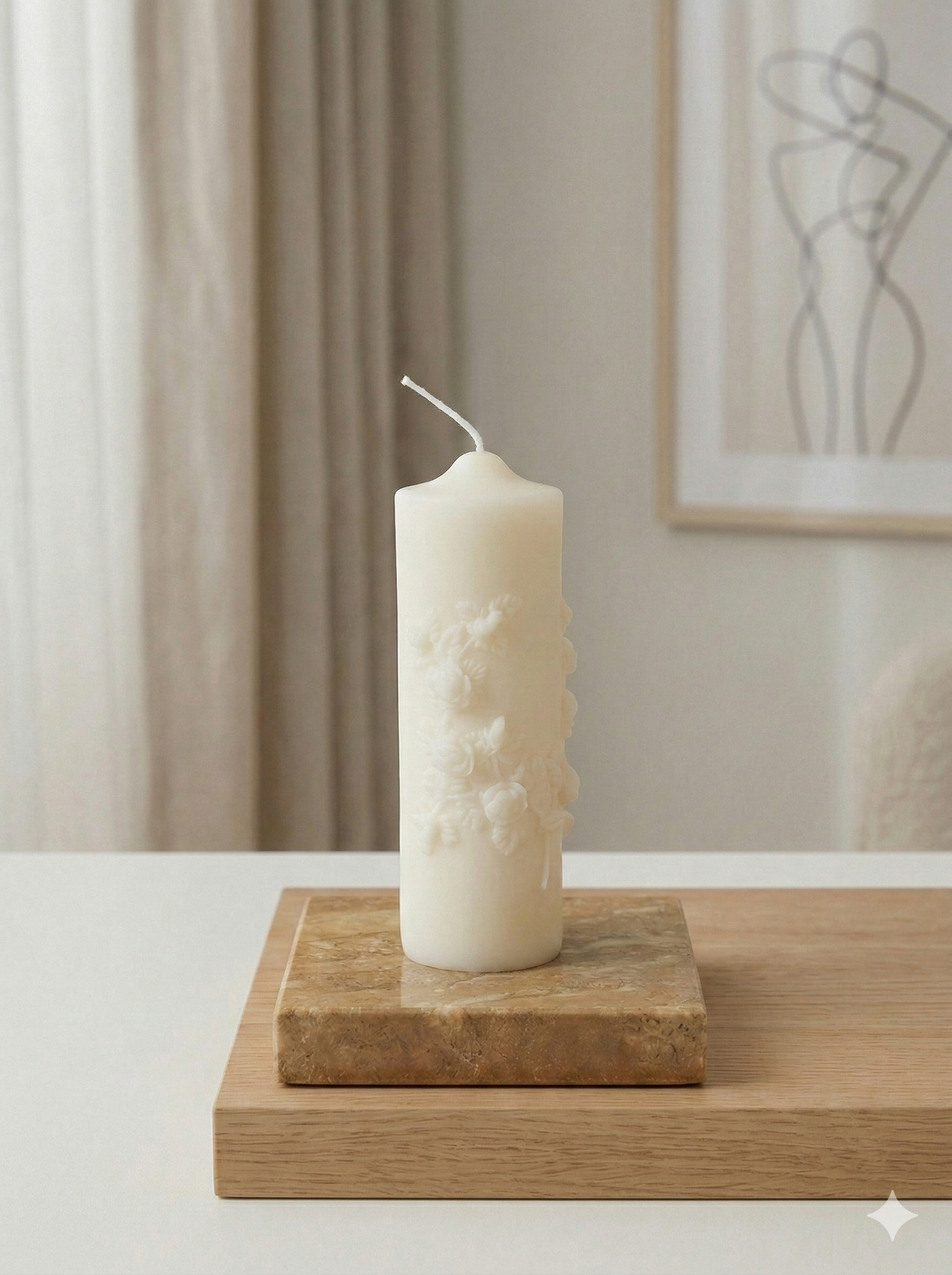 Ivory floral pillar candle by Crazy About Candles featuring sculptural soy wax with botanical design, handmade in the USA.