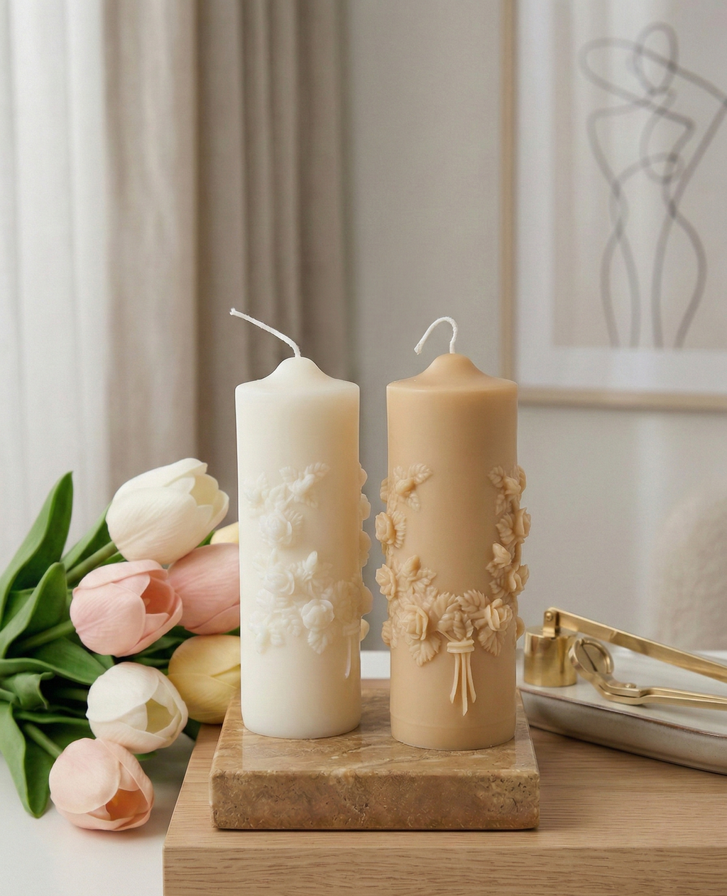 Handmade floral sculptural soy wax candle by Crazy About Candles with botanical design, perfect for home decor.