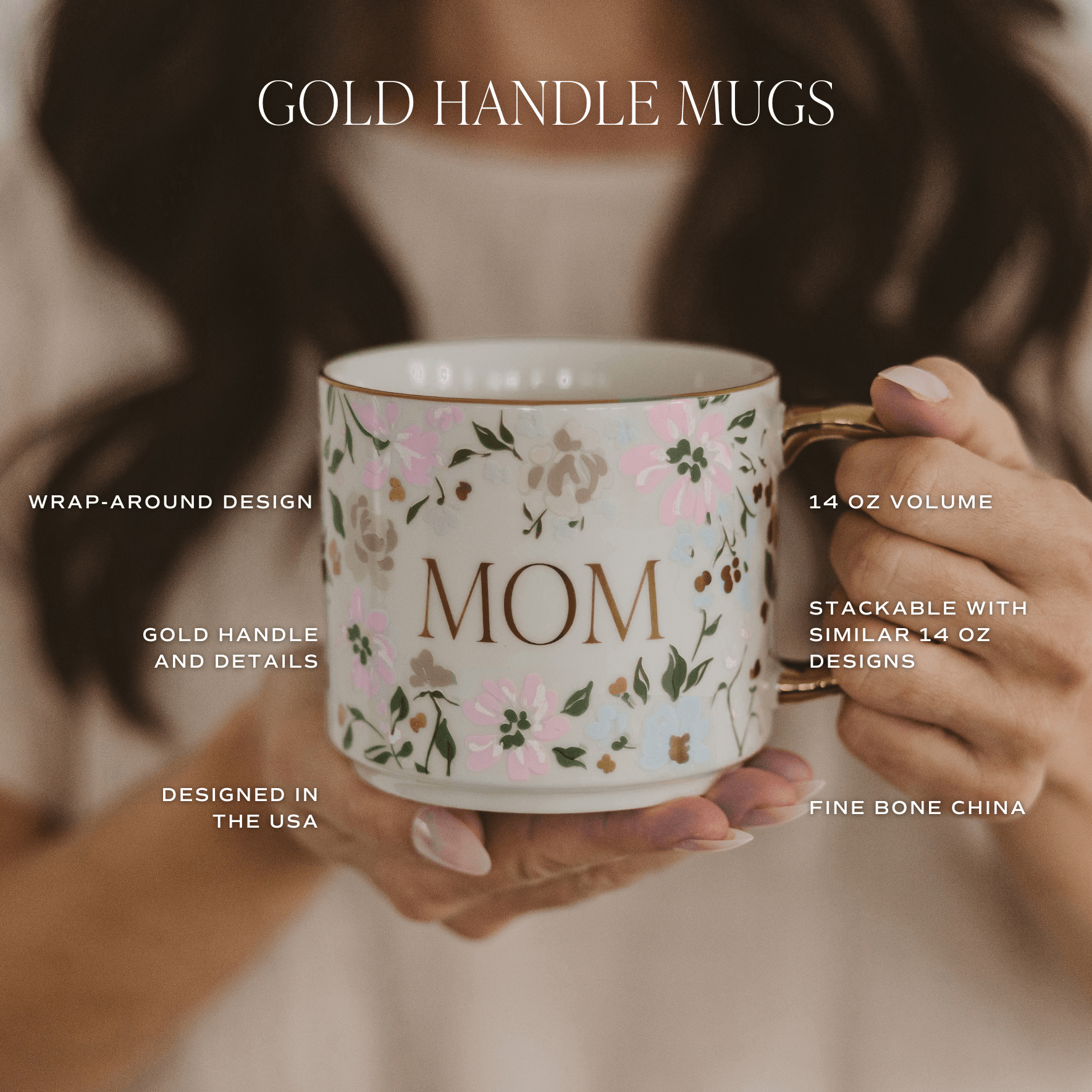 Green Ditsy Floral 14 oz coffee mug with gold handle from Sweet Water Decor, featuring a charming floral design.