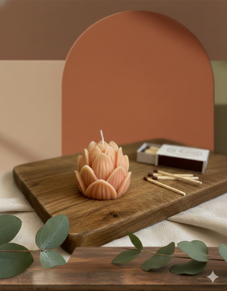 Handmade mini lotus floral candle by Crazy About Candles, featuring a delicate lotus design and natural wax finish.