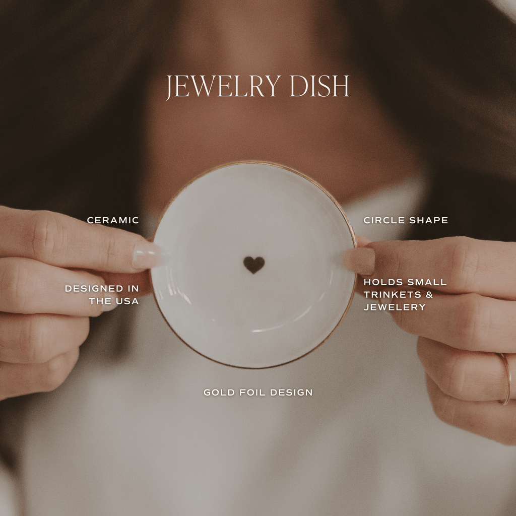Gold heart-shaped jewelry dish by Sweet Water Decor, decorative jewelry holder for rings, necklaces, and small accessories.