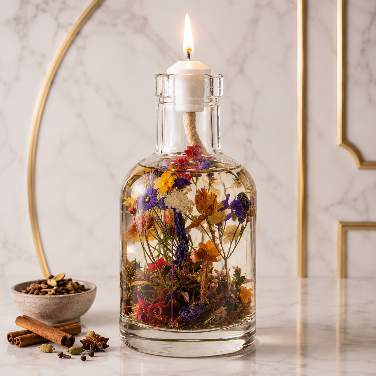 Artemis oil candle by Logos Candles with a glass container and lit wick, creating a warm, inviting glow.