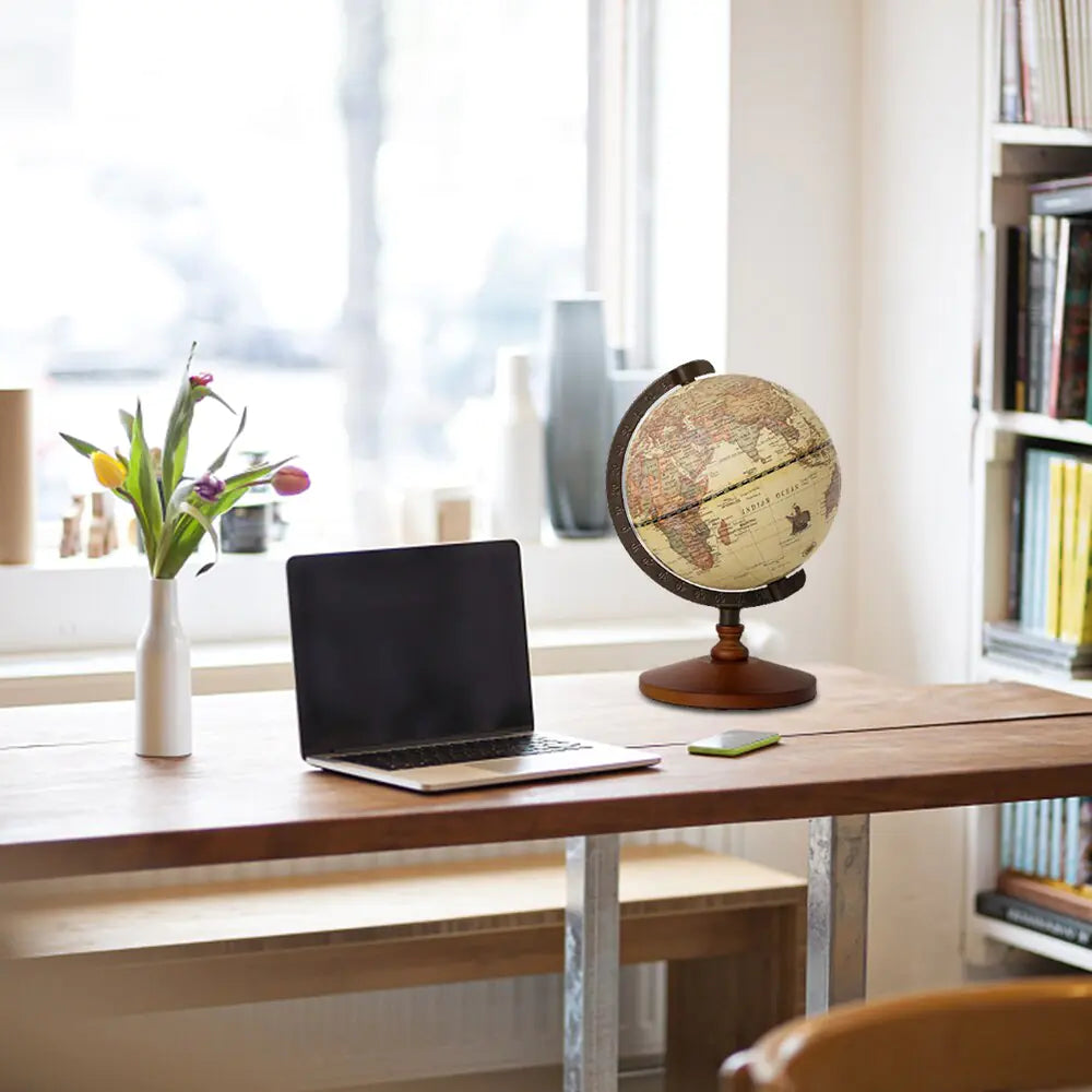 Decorative world globe used as home decor, featuring detailed map and stand, ideal for educational or aesthetic purposes.