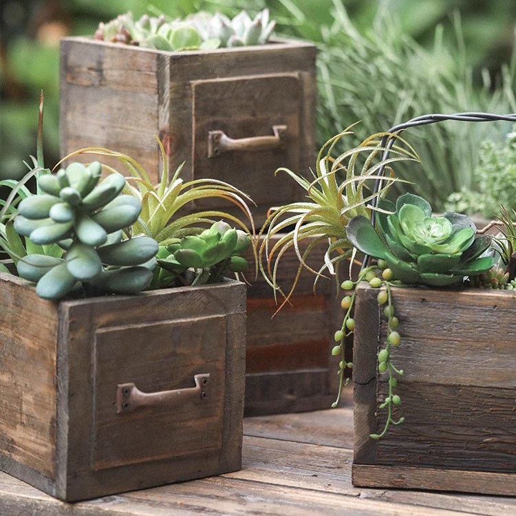 RusticReach farmhouse wooden box for succulents or flowers, natural wood finish, perfect for garden or home decor.
