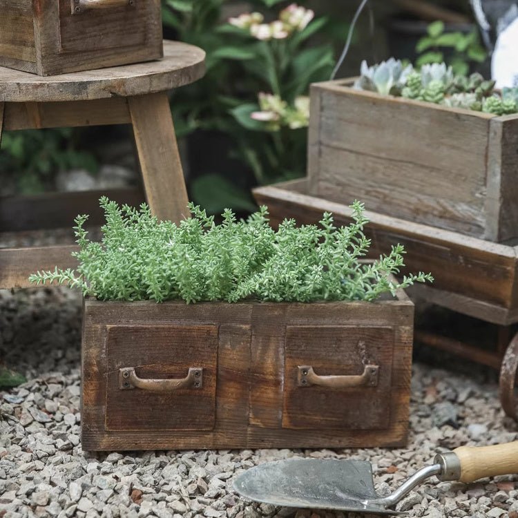 RusticReach farmhouse wooden box for succulents or flowers, showcasing a charming rustic planter with natural wood finish.