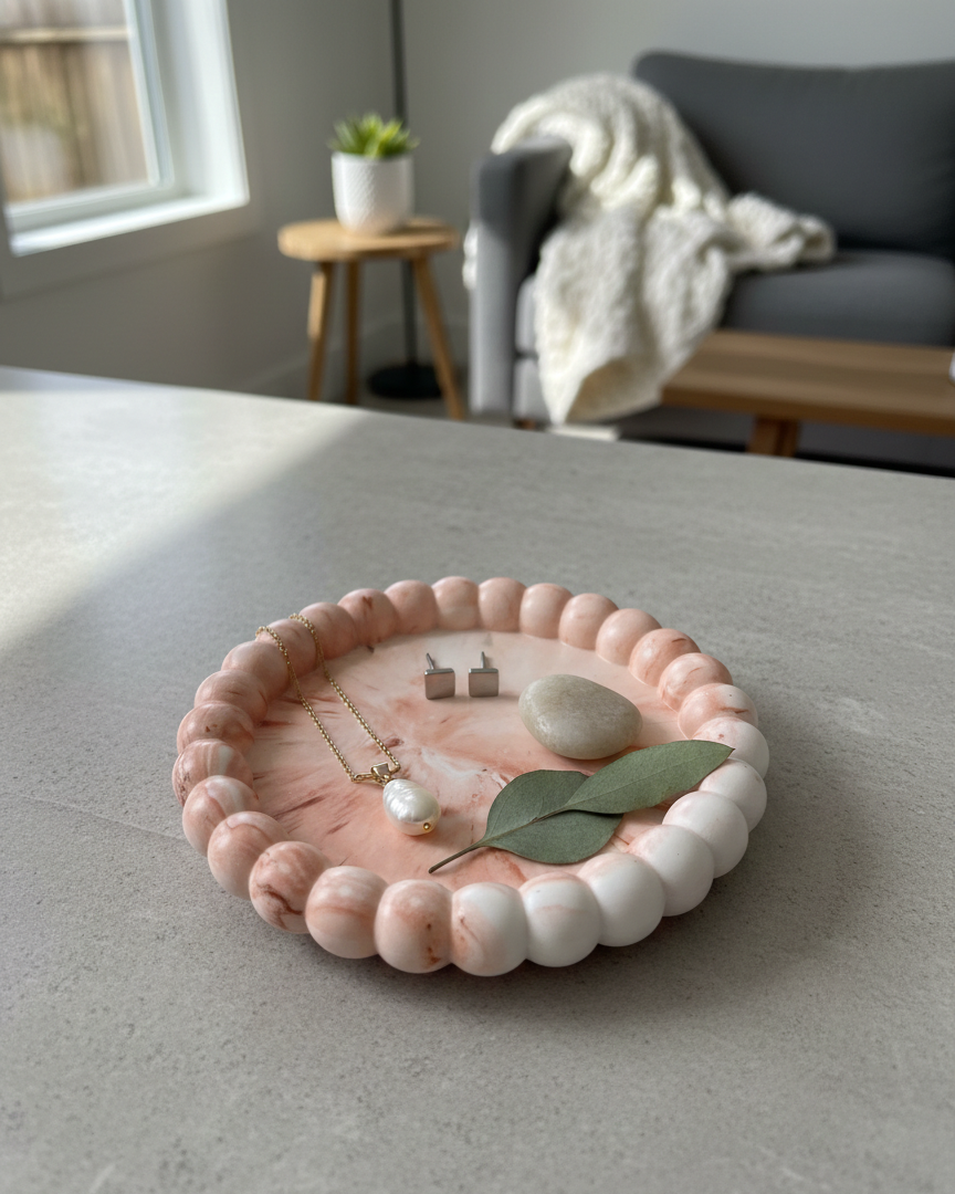 Small handmade Jesmonite bubble trinket dish with a minimalist marble design, perfect for jewelry or small accessories.