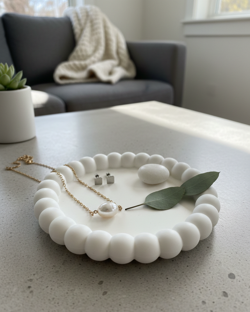Small white handmade Jesmonite bubble trinket dish with minimalist design, perfect for jewelry or small accessories.