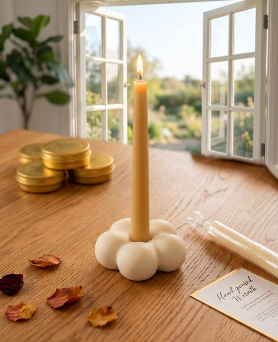 Handcrafted floral bubble taper candle holder made of Jesmonite, featuring a unique floral design for decorative candle displaying.