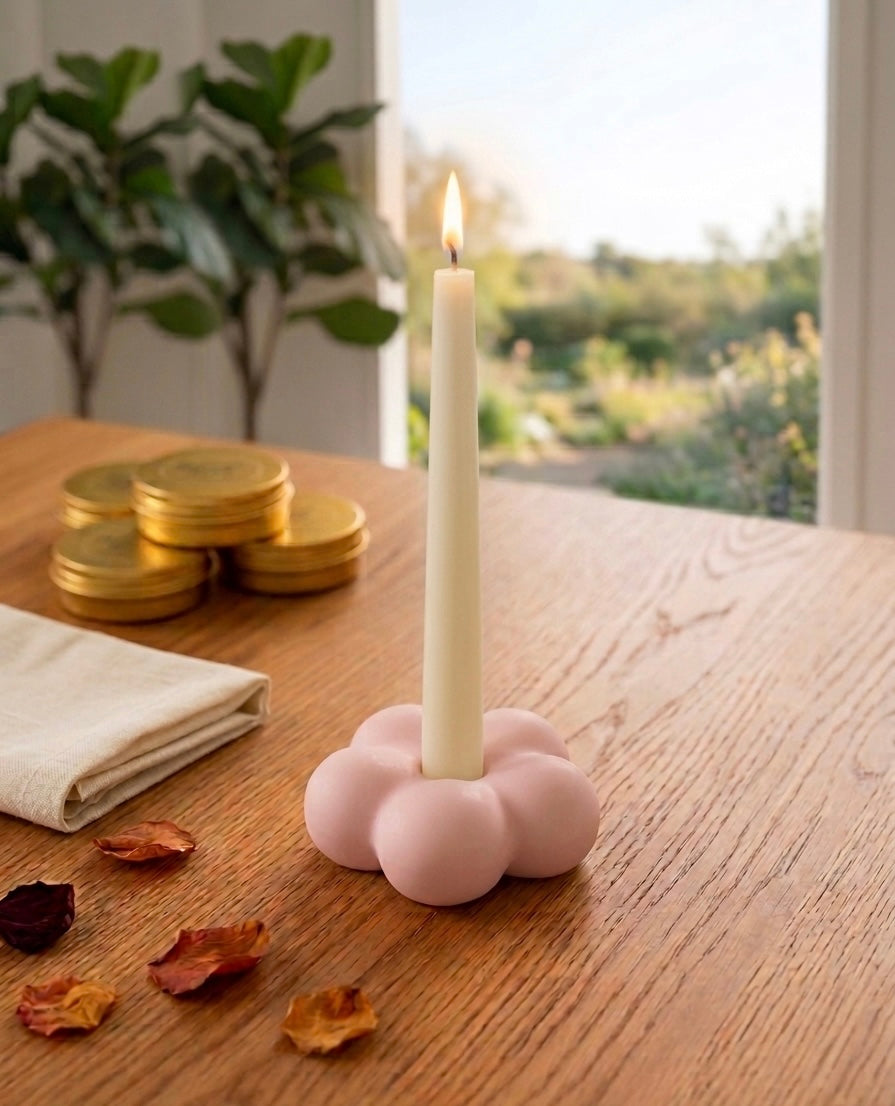 Handcrafted floral Jesmonite bubble taper candle holder with colorful floral design, showcasing a modern and artistic candle display.