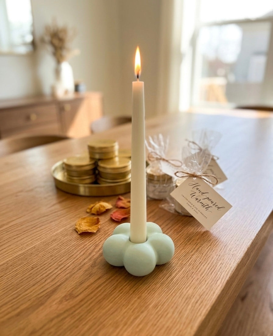 Handcrafted floral bubble taper candle holder made of Jesmonite, featuring a colorful floral design and smooth finish.