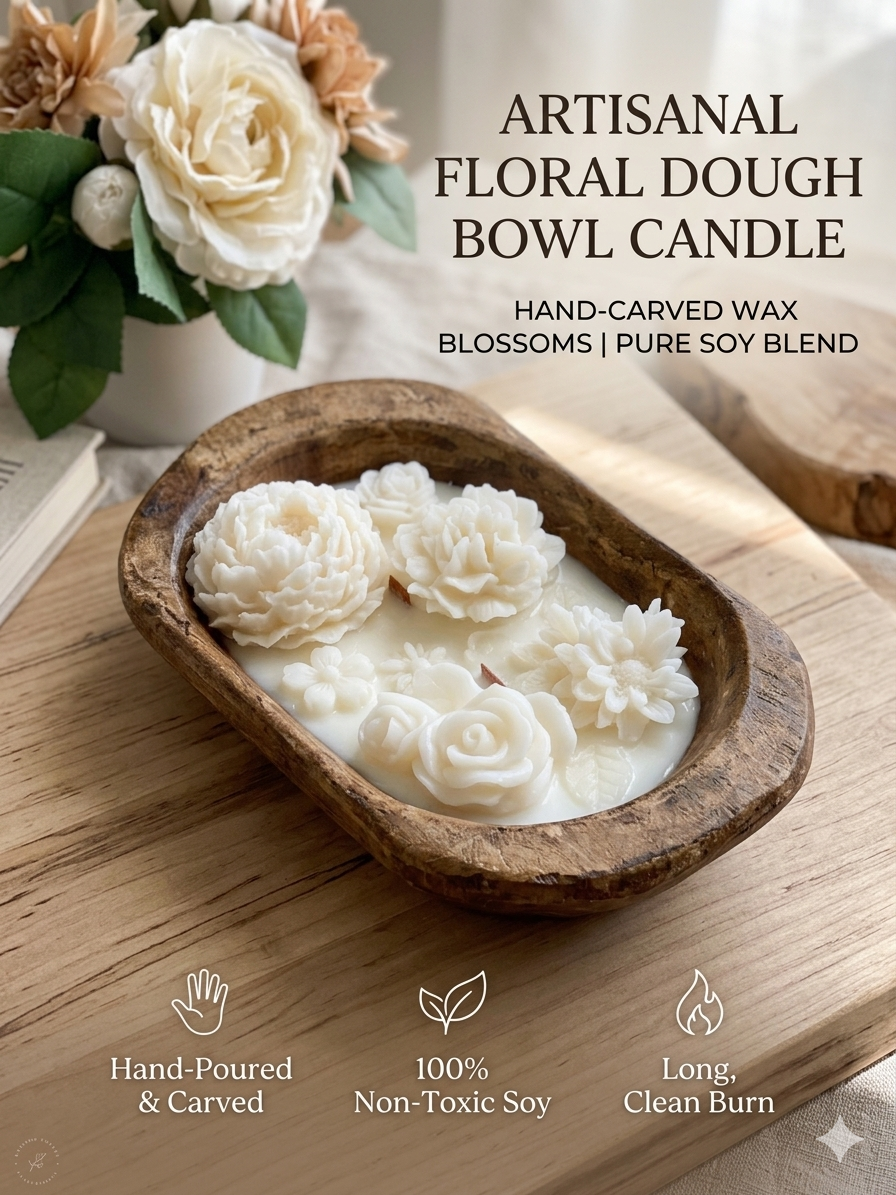 Two botanical garden dough bowl candles from Crazy About Candles, featuring rustic ceramic bowls with botanical designs.