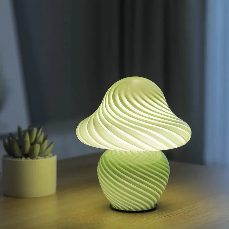 Perfecsy Mushroom LED table lamp with vintage striped glass shade, ideal for bedside or bedroom decor, creating a cozy atmosphere